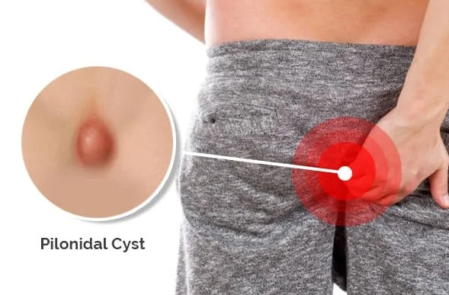 Illustrazione della sede tipica della cisti pilonidale nella piega interglutea